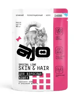 AJO Skin & Hair влажный корм для взрослых кошек, здоровая кожа и красивая шерсть (пауч)
