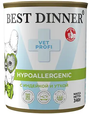 Best Dinner Vet Profi Hypoallergenic консервы для взрослых собак и щенков с 6 месяцев для профилактики пищевой аллергии с индейкой и уткой